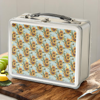 Sunflowers and Bees on Vintage Aqua