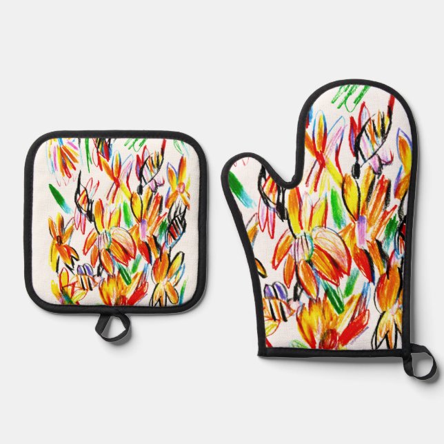 Sunflowers and bees  oven mitt & pot holder set (Front)