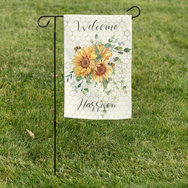 Sunflowers and bees personalized garden flag (In SItu)