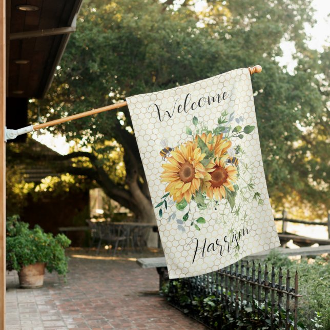 Sunflowers and bees personalized  house flag (In SItu)