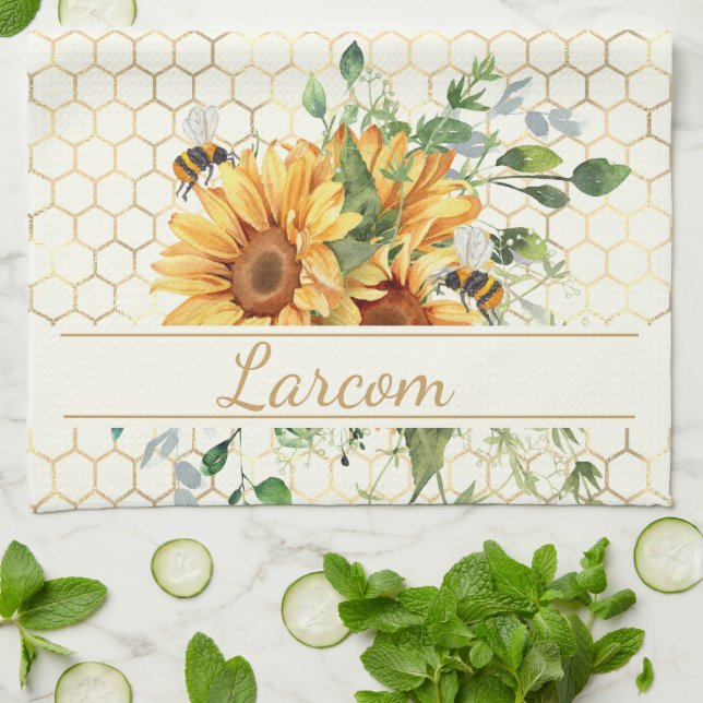 Sunflowers and bees personalized kitchen towel (Folded)