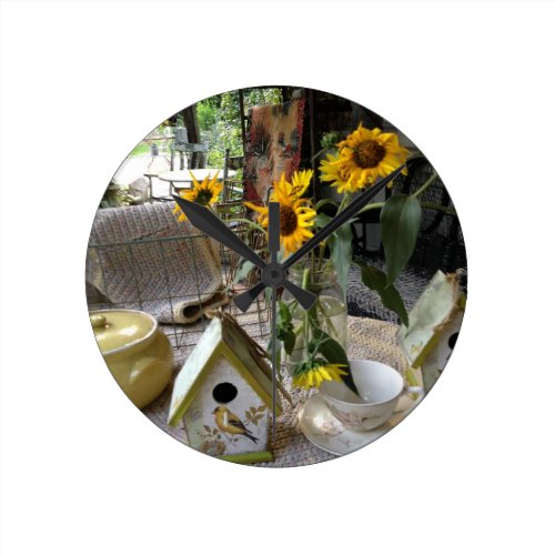 Sunflowers and Bird House Complete Autumn Display Round Clock