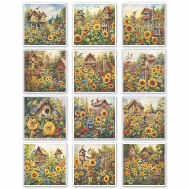 Sunflowers and Bird houses Garden 2 Sticker (Front)