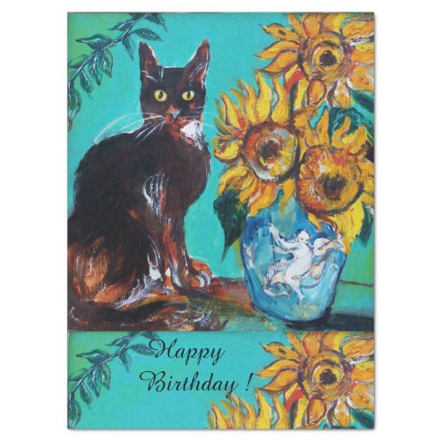 SUNFLOWERS AND BLACK CAT IN BLUE TEAL Birthday Tissue Paper