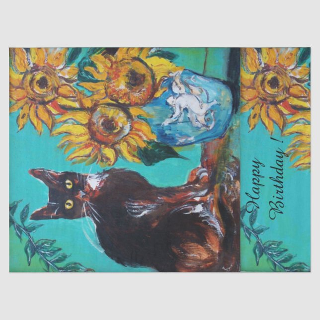 SUNFLOWERS AND BLACK CAT IN BLUE TEAL Birthday Tissue Paper (Front)
