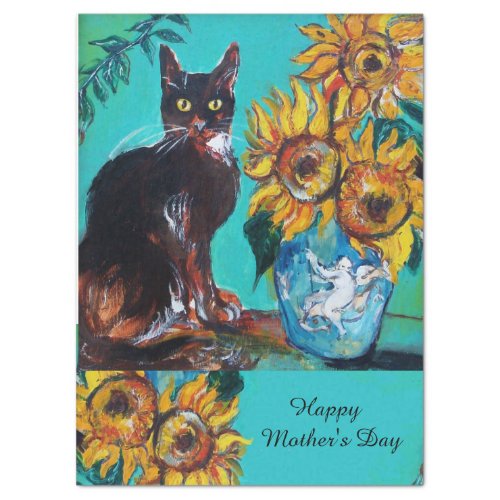 SUNFLOWERS AND BLACK CAT IN BLUE TEAL Mothers Day Tissue Paper