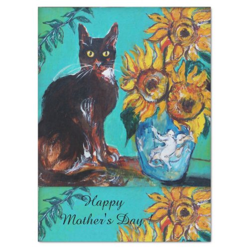 SUNFLOWERS AND BLACK CAT IN BLUE TEAL Mothers Day Tissue Paper