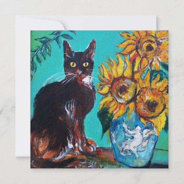 SUNFLOWERS AND BLACK CAT IN BLUE TEAL Summer Party (Front)