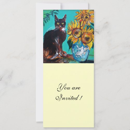 SUNFLOWERS AND BLACK CAT IN BLUE TEAL Summer Party Invitation