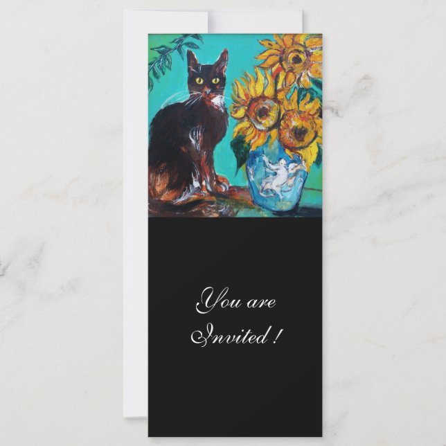 SUNFLOWERS AND BLACK CAT IN BLUE TEAL Summer Party Invitation (Front)