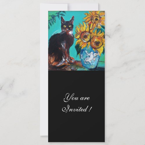 SUNFLOWERS AND BLACK CAT IN BLUE TEAL Summer Party Invitation