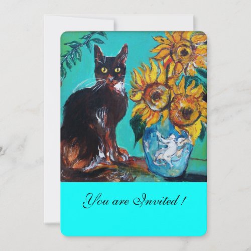 SUNFLOWERS AND BLACK CAT IN BLUE TEAL Summer Party Invitation