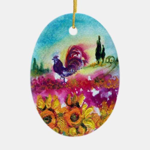 SUNFLOWERS AND BLACK ROOSTER CERAMIC ORNAMENT