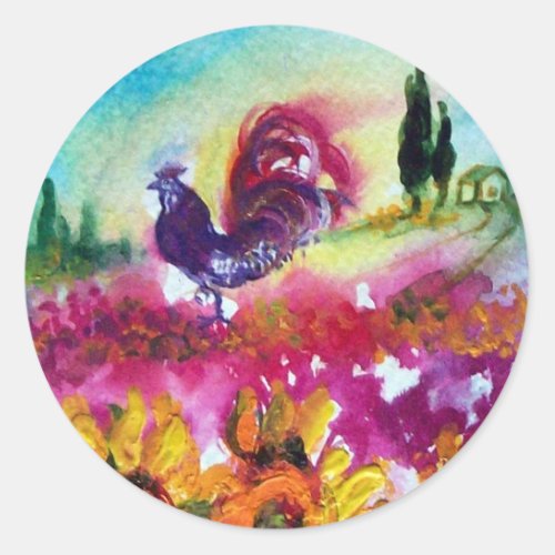 SUNFLOWERS AND BLACK ROOSTER CLASSIC ROUND STICKER