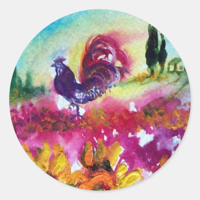 SUNFLOWERS AND BLACK ROOSTER CLASSIC ROUND STICKER (Front)