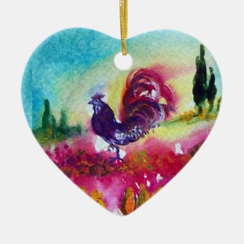 SUNFLOWERS AND BLACK ROOSTER Heart Ceramic Ornament