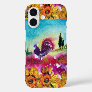 SUNFLOWERS AND BLACK ROOSTER IN TUSCANY LANDSCAPE iPhone 16 CASE