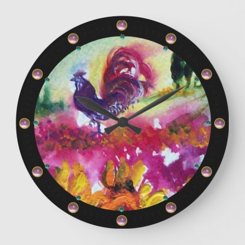 SUNFLOWERS AND BLACK ROOSTER LARGE CLOCK