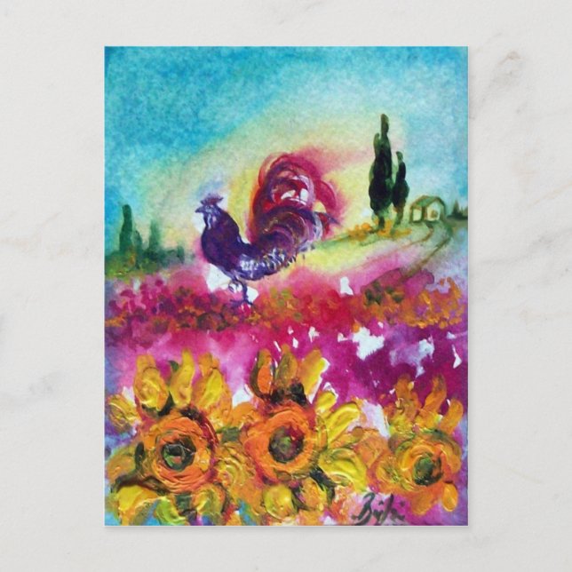 SUNFLOWERS AND BLACK ROOSTER POSTCARD (Front)