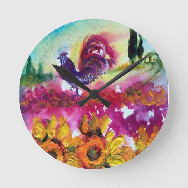 SUNFLOWERS AND BLACK ROOSTER ROUND CLOCK (Front)