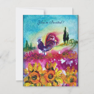 SUNFLOWERS AND BLACK ROOSTER Rustic Landscape Invitation