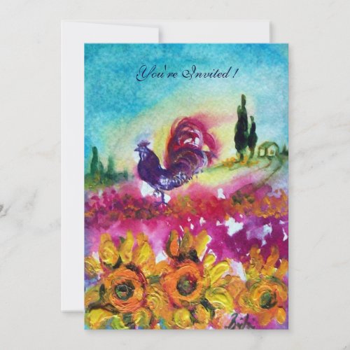 SUNFLOWERS AND BLACK ROOSTER Rustic Landscape Invitation