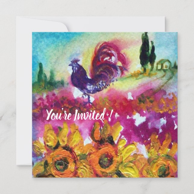 SUNFLOWERS AND BLACK ROOSTER Rustic Landscape Invitation (Front)