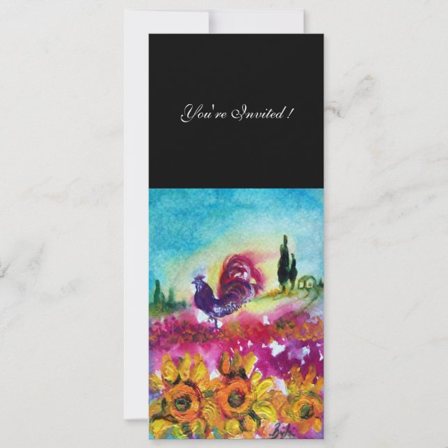 SUNFLOWERS AND BLACK ROOSTER Rustic Landscape Invitation (Front)
