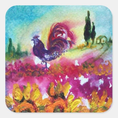 SUNFLOWERS AND BLACK ROOSTER SQUARE STICKER