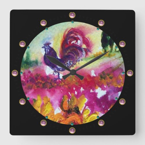 SUNFLOWERS AND BLACK ROOSTER SQUARE WALL CLOCK