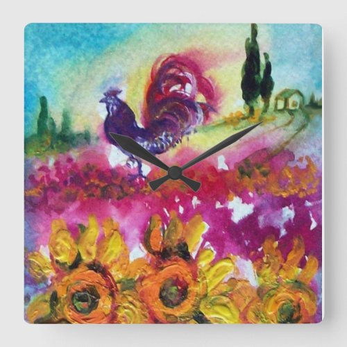 SUNFLOWERS AND BLACK ROOSTER SQUARE WALL CLOCK