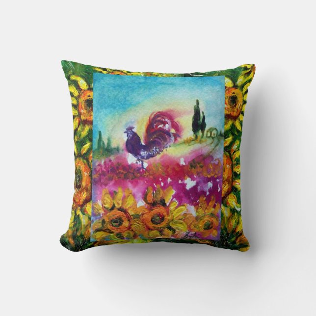 SUNFLOWERS AND BLACK ROOSTER THROW PILLOW (Front)