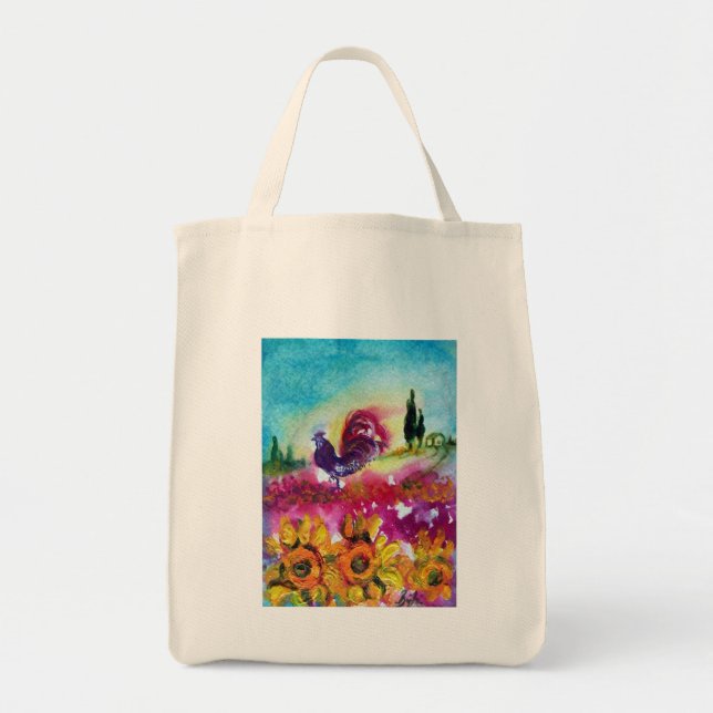 SUNFLOWERS AND BLACK ROOSTER TOTE BAG (Front)