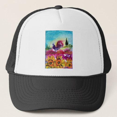 SUNFLOWERS AND BLACK ROOSTER TRUCKER HAT