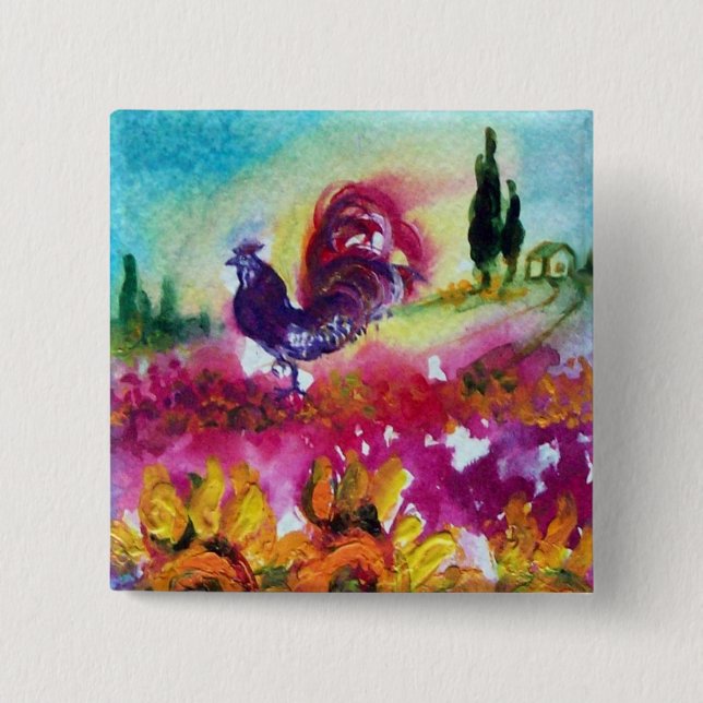 SUNFLOWERS AND BLACK ROOSTER Tuscany Landscape Button (Front)