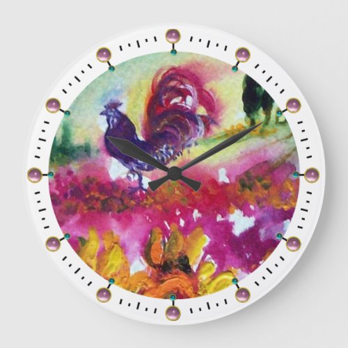 SUNFLOWERS AND BLACK ROOSTER White Large Clock