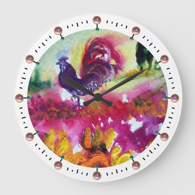 SUNFLOWERS AND BLACK ROOSTER ,White Large Clock (Front)