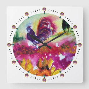 SUNFLOWERS AND BLACK ROOSTER ,White Square Wall Clock