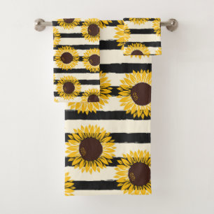 Sunflowers and Black Stripes Bath Towel Set