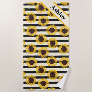Sunflowers and Black Stripes Beach Towel