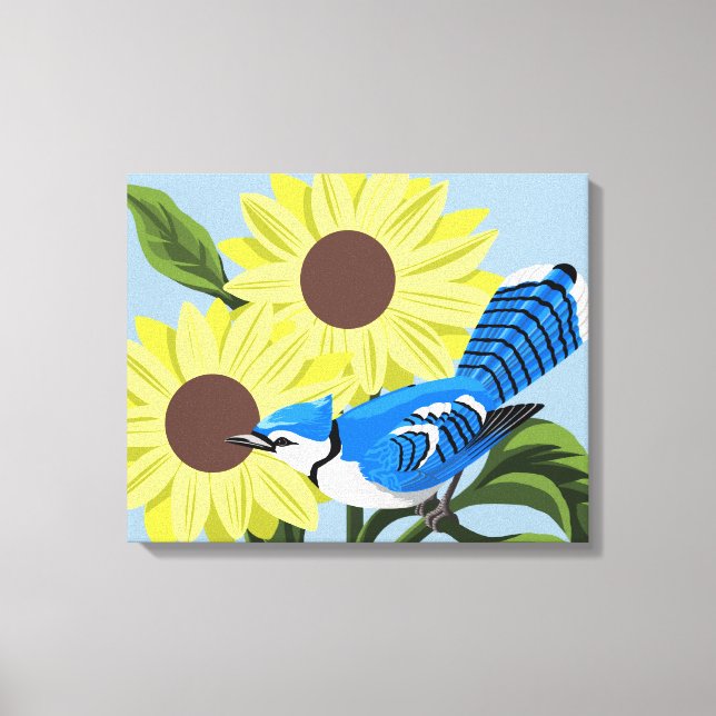 Sunflowers and Blue Jay Canvas Print (Front)