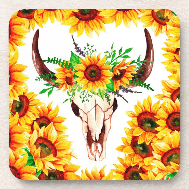 Sunflowers and Bull Skull  Beverage Coaster (Front)