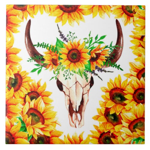 Sunflowers and Bull Skull Ceramic Tile