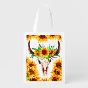 Sunflowers and Bull Skull Grocery Bag