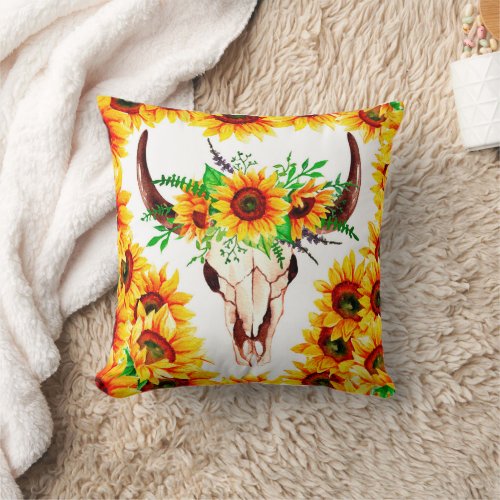 Sunflowers and Bull Skull Throw Pillow