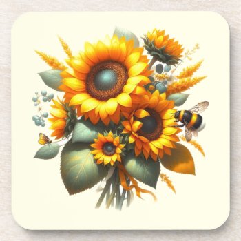 Sunflowers And Bumble Bee Cream Color  Beverage Coaster by Susang6 at Zazzle