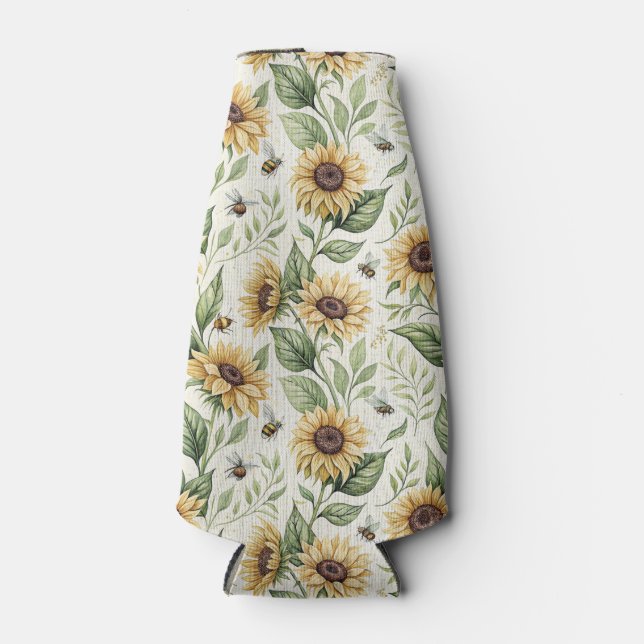 Sunflowers and Bumble Bees Floral Bottle Cooler (Front)