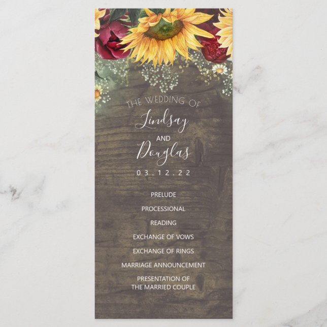 Sunflowers and Burgundy Red Rose Wedding Programs (Front)