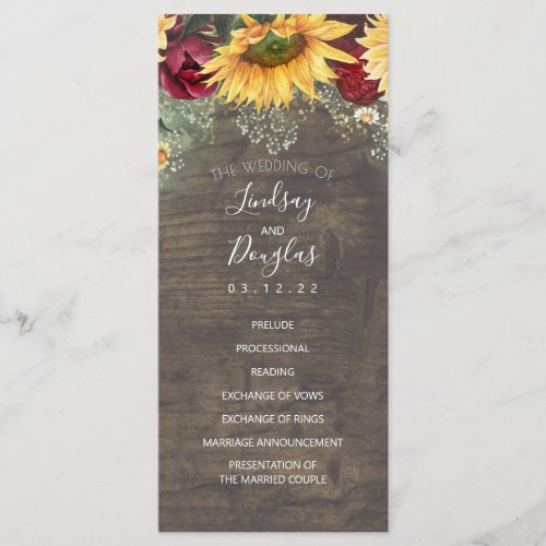 Sunflowers and Burgundy Red Rose Wedding Programs