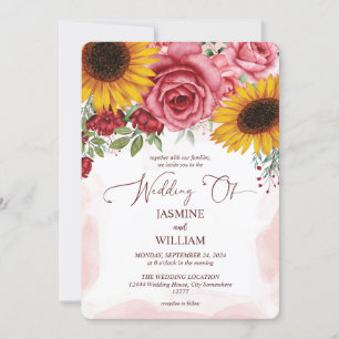 Sunflowers and Burgundy Red Roses Floral Wedding Invitation